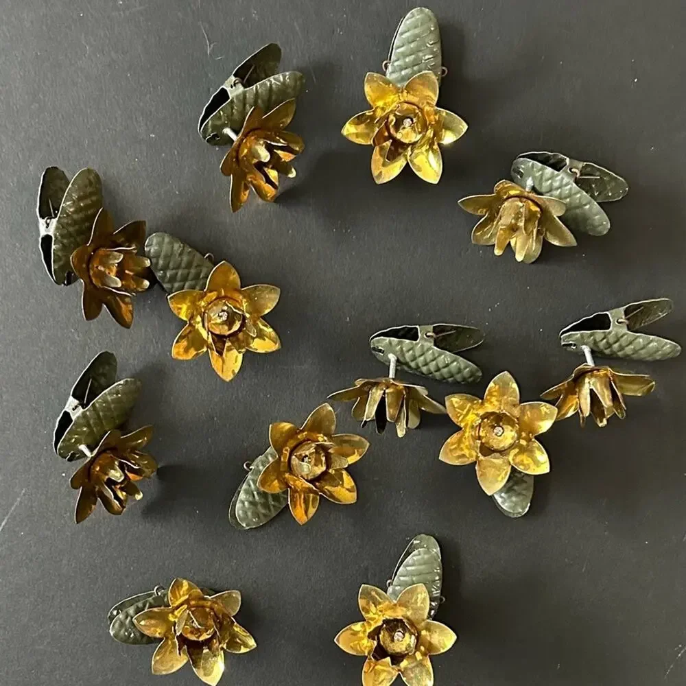 Vintage 1940s Gold & Green Metal Floral Clip-On Christmas Tree Candle Ornaments